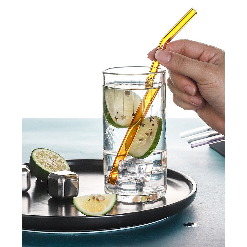 Glass Straw 20cm Borosilicate - Reusable, Colourful, Safe - Bent Elbow Design - Brush & Pouch