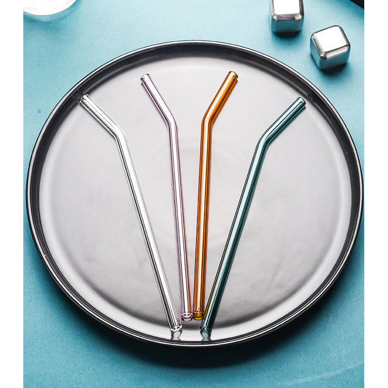 Glass Straw 20cm Borosilicate - Reusable, Colourful, Safe - Bent Elbow Design - Brush & Pouch