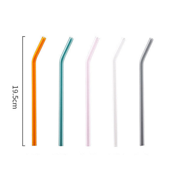 Glass Straw 20cm Borosilicate - Reusable, Colourful, Safe - Bent Elbow Design - Brush & Pouch