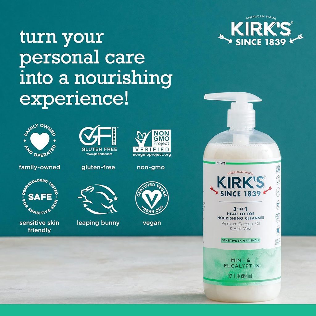 Kirk's 3-in-1 Castile Liquid Soap - Mint & Eucalyptus - Fragrence Free - Fresh Scent
