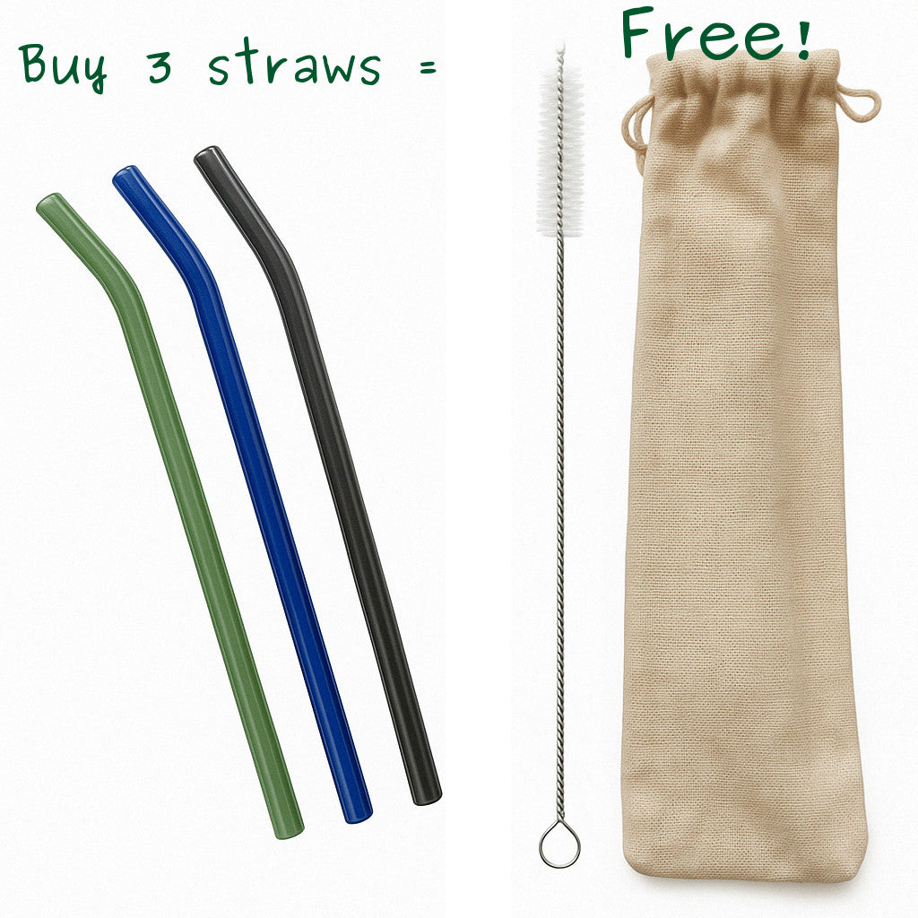 Glass Straw 20cm Borosilicate - Reusable, Colourful, Safe - Bent Elbow Design - Brush & Pouch
