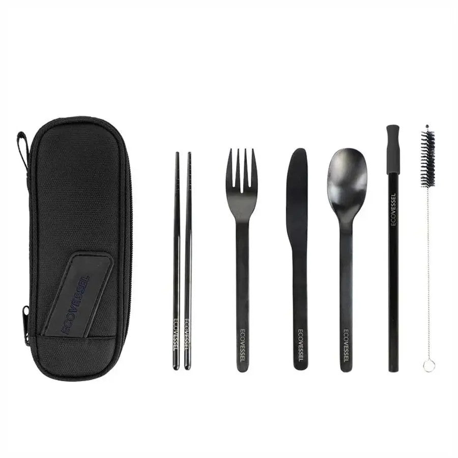 EcoVessel Wander Ware Steel Utensil Set - Cutlery (Spoon, Fork, Knife) , Chop Sticks, Straw, in Pouch