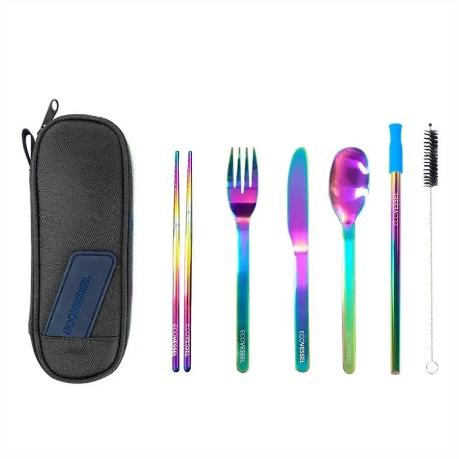 EcoVessel Wander Ware Steel Utensil Set - Cutlery (Spoon, Fork, Knife) , Chop Sticks, Straw, in Pouch