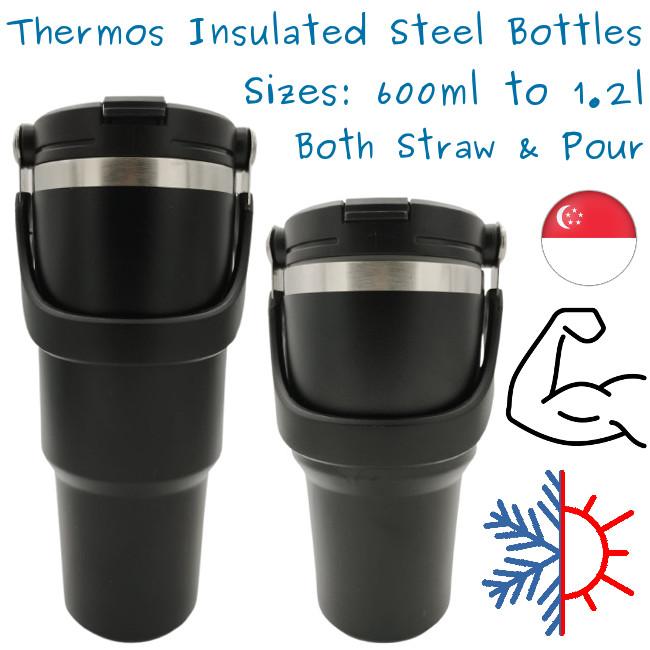Insulated Bottle Stainless Steel Vacuum Thermos Tumbler Hot Cold Cup Black 600ml 750ml 890ml 1l 1.2l Straw