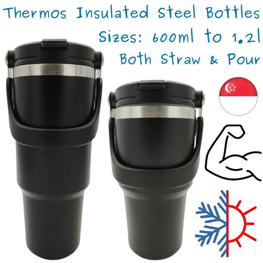 Insulated Bottle Stainless Steel Vacuum Thermos Tumbler Hot Cold Cup Black 600ml 750ml 890ml 1l 1.2l Straw
