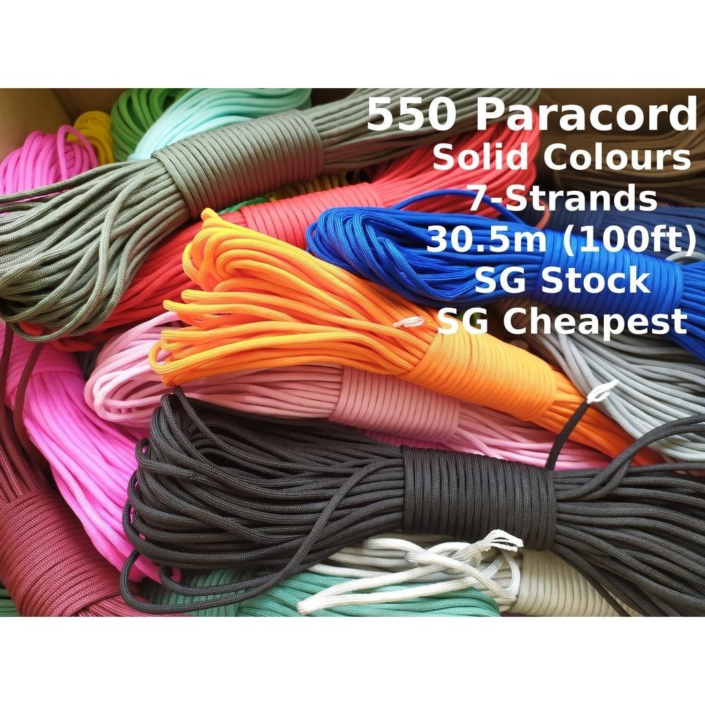 550 Paracord 100ft (30m) Solid Colours - Blues, Greens, Oranges, Yellows, Reds, Pinks, Purple, Black, White, Tacticals