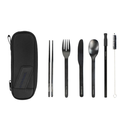 EcoVessel Wander Ware Steel Utensil Set - Cutlery (Spoon, Fork, Knife) , Chop Sticks, Straw, in Pouch