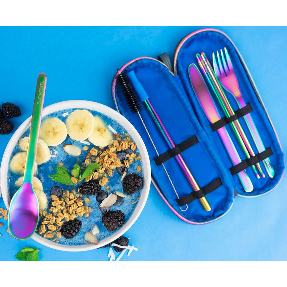 EcoVessel Wander Ware Steel Utensil Set - Cutlery (Spoon, Fork, Knife) , Chop Sticks, Straw, in Pouch