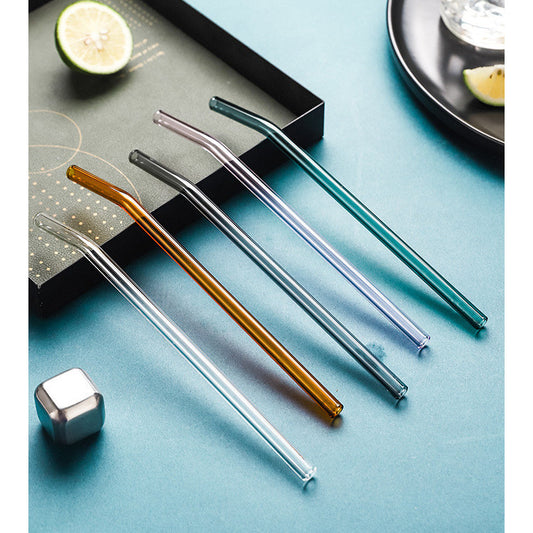 Glass Straw 20cm Borosilicate - Reusable, Colourful, Safe - Bent Elbow Design - Brush & Pouch
