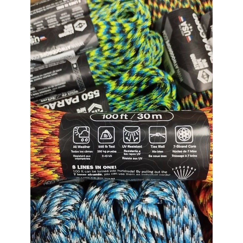 USA-Made Atwood 550 Paracord 30m Patterns Multi-Coloured 100ft