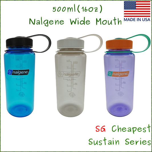 Nalgene 500ml Wide Mouth Water Bottles - 16oz - Tritan Sustain (Markings to 400ml, 500ml Volume to brim) WM