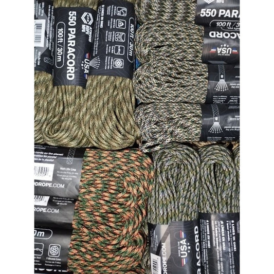 Atwood 550 Paracord - Camo Colours - 30m (100ft) length - 4mm - Made in USA - 7 Strand Core - Greens, Desert, Arctic